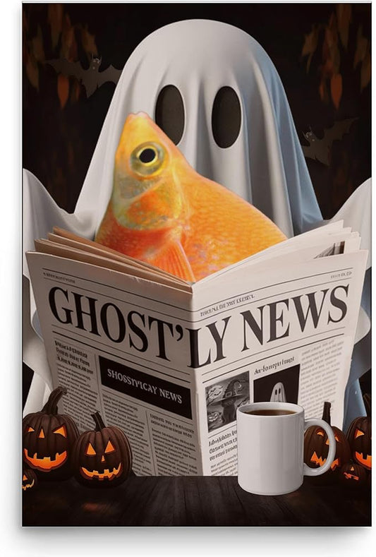 Spooky Halloween Pet and Ghost Reading Wall Art - Red Rainbowfish Poster 12x18 Unframed Photo Paper - Funny Home Decor Gifts for Fish Lovers