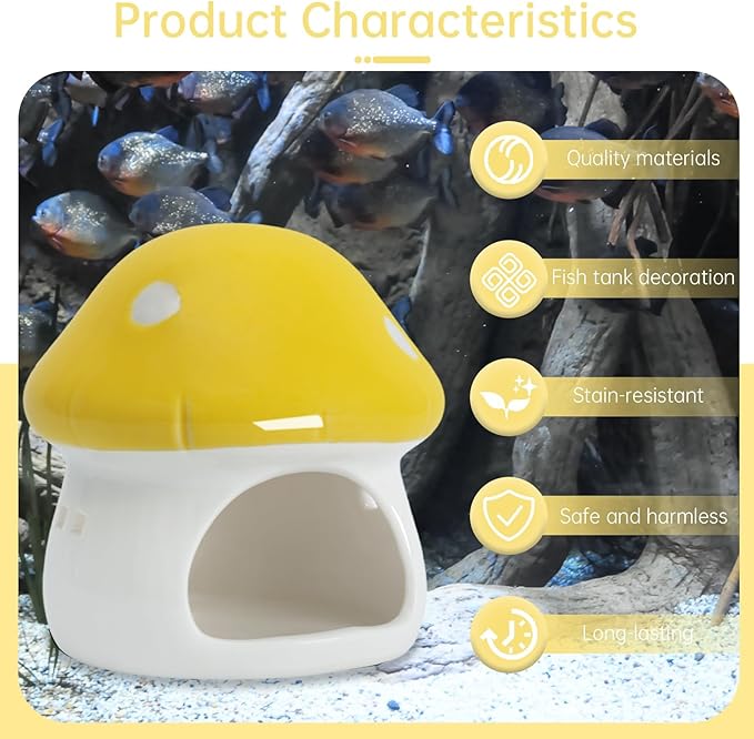 Saim Ceramics Mushroom House Aquarium Decor, Betta Fish Tank Accessories Landscape Decoration, Small Shrimp Goldfishes Habitat Hut Pleco Smalland Breeding Hide Caves Toad House - Yellow