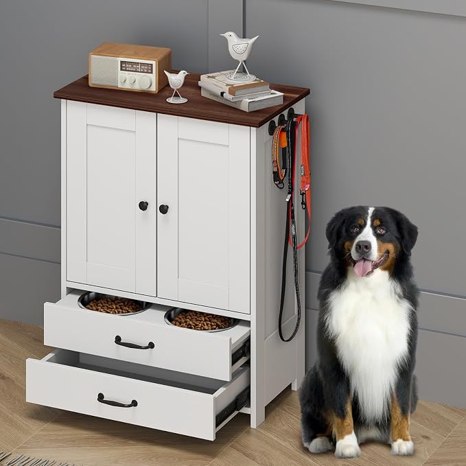 Rovibek Dog Feeding Station with Storage Cabinet - Elevated Dog Bowls with Storage Drawers, Pet Storage Cabinet with Leash Hooks, Pet Organizers for Food & Supplies