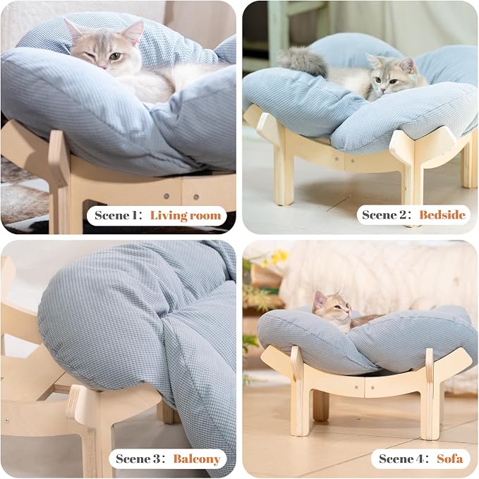 Elevated Cat Bed for Indoor Cats Couch Sofa Flower | Pet Beds with Washable Cushion, Stable Wooden Frame, Raised Cat Hammock & Furniture for Kitty & Puppy All-Season(Light Blue)