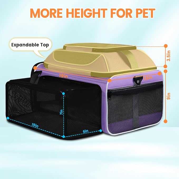 Top and Side Expandable Pet Carrier Airline Approved, Purple | 19"L x 13"W x 9"H, for Southwest Allegiant Airlines, Lockable Safety Zippers and Anti-Scratch Mesh, Pets Under 12 lbs