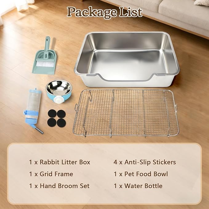 Rypet Large Rabbit Litter Box, Bunny Litter Box High Side with 304 Stainless Steel Sifting Tray, Metal Small Animal Litter Pan with Pet Food Bowl and Water Bottle, Non-Slip Easy to Clean Odor Control