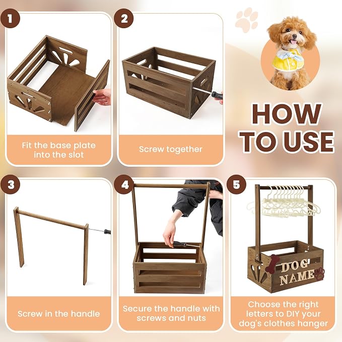 Teenyyou 20 x 13 x 9 Wooden Dog Closet Pet Wardrobe Crate Box with Hanging Rods and Personalized Alphabet Letters Easy Assembly Baskets for Dog Cat Toys Clothes Accessories(Dark Walnut)
