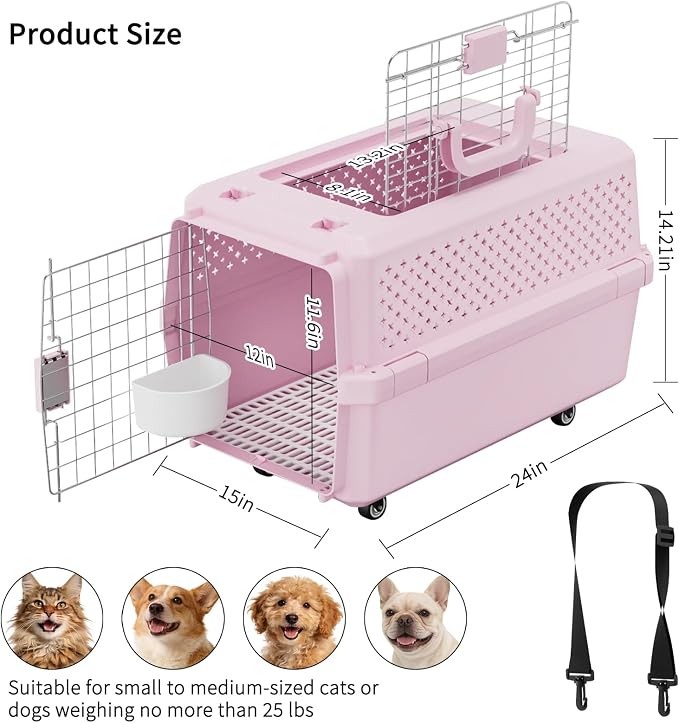 RIZZARI Pink Pet Carrier with Wheels for Cats and Small Dogs Up to 25 Lbs, Top Opening Hard-Sided Cat Carrier, Rolling Travel Kennel with Pull Strap, Feeding Bowl, Metal Door and Ventilated Design