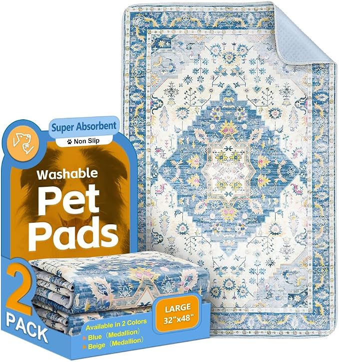 Washable Pee Pads for Dogs, 2 Pack Reusable Puppy Training Pads 48"x32" Super Absorbent Waterproof Dog Training Pads, Non-Slip Potty Pads, Whelping Pads Litter Mat Blue Medallion
