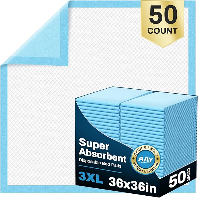 AAY Disposable Bed Pads 36" x 36" (50 Count) , Extra Large Heavy Duty Incontinence Underpads, Super Absorbent 3XL Chucks Pee Pads for Adults, Kids, Pets, Puppy Training