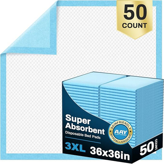 AAY Disposable Bed Pads 36" x 36" (50 Count) , Extra Large Heavy Duty Incontinence Underpads, Super Absorbent 3XL Chucks Pee Pads for Adults, Kids, Pets, Puppy Training