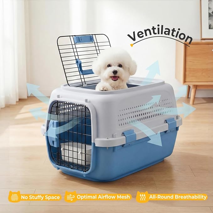NEWBULIG 23" Hard-Sided Dog Carrier, Plastic Cat & Dog Crate, 4-Sided Ventilation Travel Pet Kennel, Top & Front Door Access, Integrated Food Bowl, for Small Pets up to 22 lbs, Grey & Blue
