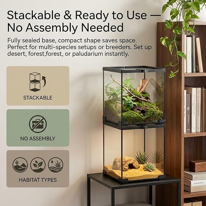 8x8x12 Terrarium Glass Tarantula Enclosure: Jumping Spider Enclosure with Lockable Sliding Screen Top for Crested Gecko Hermit Crab - Full View Stackable Vertical Tank for Arboreal Frog Habitat