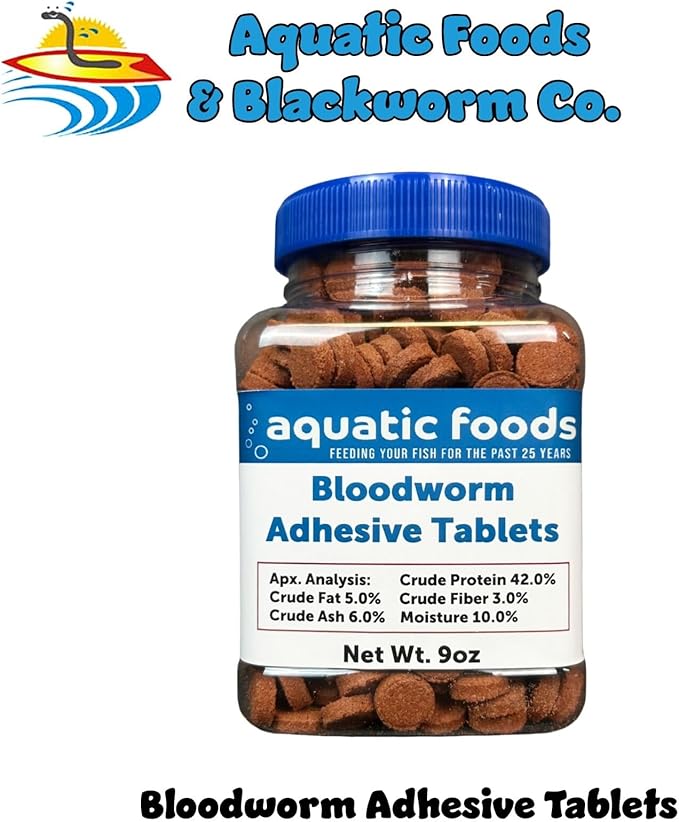 Aquatic Foods Inc. Bloodworm Glass Sticking 42% Protein Tablets for Angels, Tetras, Guppies, Cichlids, All Community Tropical Fish...9oz Jar