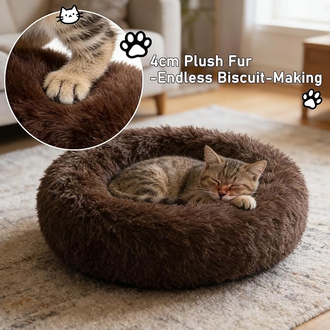 Calming Donut Dog Beds Large Sized Dog - Washable Removable Cover Non-Slip, Round Pet Bed Warming Fluffy Plush Faux Fur Anti-Anxiety Thick Cushion, Fits up to 80 lbs (Coffee, 36")