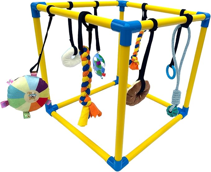 Puppy Play Gym with 8 Hanging Toys, Small Dogs Indoor Enrichment Jungle Gym | PVC Frame with Bungee Straps Playgym Activity Center,with Teething Toys,Fleece Tug Toys,Squeaky Toys,19.5*19.5*19.5in