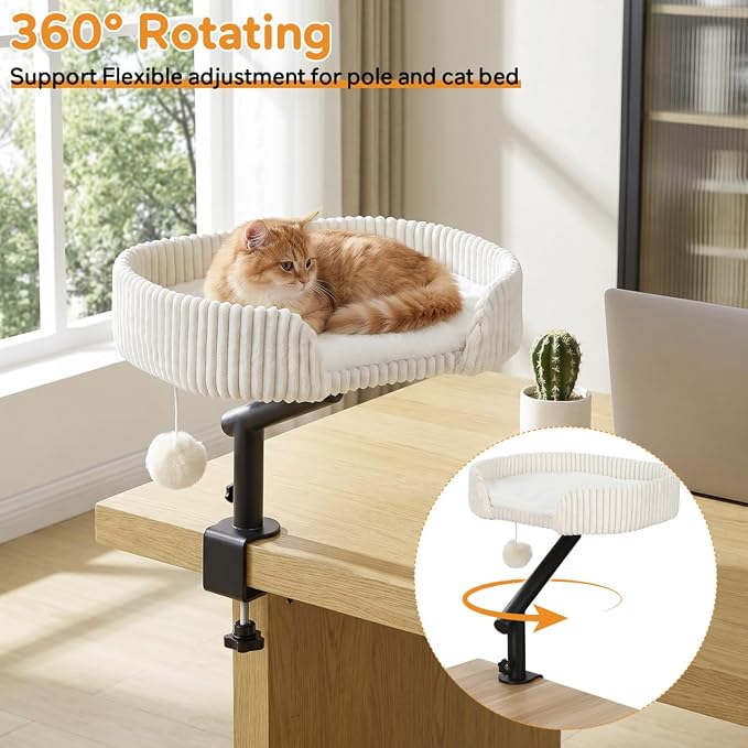 Cat Desk Bed with 3 Mats for All Seasons, 360° Rotating Adjustable | Clamp-On Desk Cat Bed with Reversible Plush Cushion, Sisal Scratch Mat, Cooling Mat & Hanging Ball, Supports 50 lbs, White