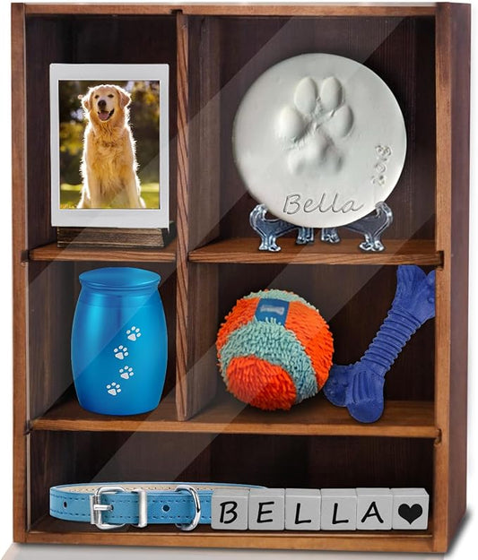 Solid Wood 11*14" Pet Memorial Shadow Box with Adjustable Shelves | Pet Memory Box Display Case for Dogs or Cats Frame Urn Ashes Nose Paw Print Keepsake for Pet Sympathy Gift- Charred Black
