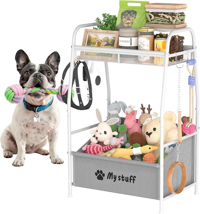 Kaiferty Medium Dog Toy basket, Toy Box for Dogs, Pet Toys Bin Dog Metal Wire Basket for Toys, Food Storage, Storage Organizer Chest Storage, Toy Box for Living Room Area (White)
