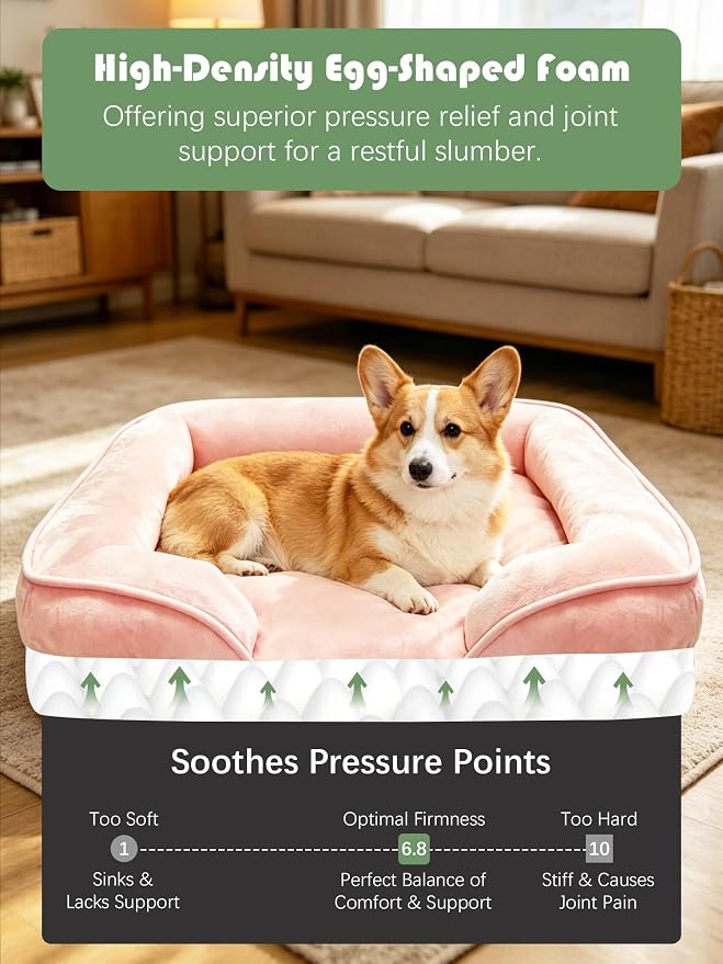 Spotted Play Orthopedic Dog Bed with Sides - Sofa Beds for Medium Dogs, Supportive Foam Pet Couch Bed with Washable Removable Cover, Waterproof Lining and Non-Slip Bottom, Pink - M