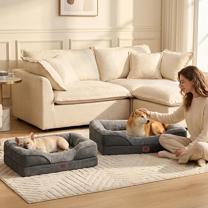 EHEYCIGA Orthopedic Dog Bed for Medium Dog, 30x20 Inch Memory Foam Dog Couch Bed with Sides, Waterproof Liner & Washable Removable Cover, Bolster Pet Sofa, Grey