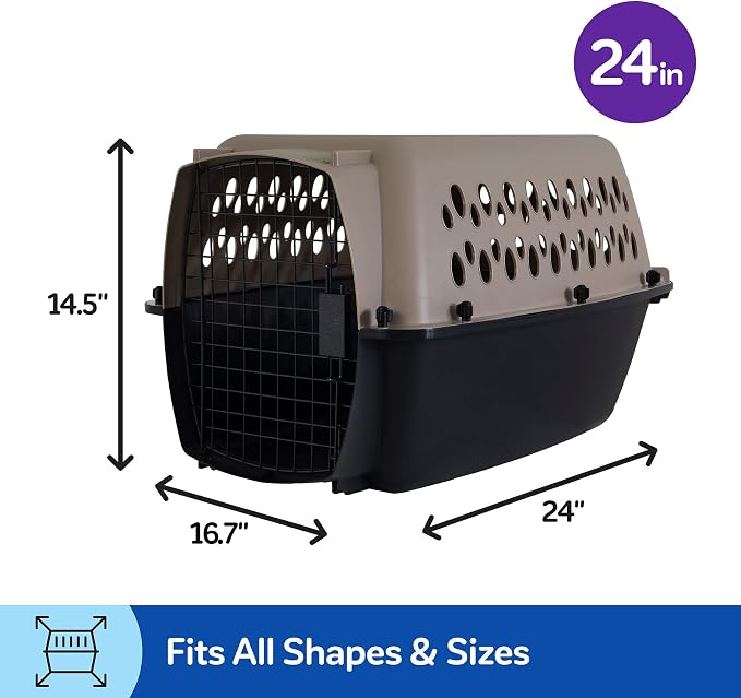 Petmate Vari Dog Kennel Portable Carriers & Crates for Smaller Dogs or Puppies and Pets 10 to 20 lbs, Airline-Friendly Plastic Pet Carrier Home and Travel, 24" Long, Taupe & Black, 24” x 16.7” x 14.5” | Airline friendly pet carrier, durable plastic she...