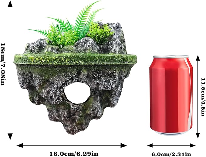 Floating Island Fish Tank Decorations – Aquarium Decor with Hideout Tunnel, Betta Fish and Shrimp Cave, PVC Aquarium Accessory with Artificial Plants