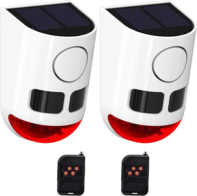 Solar Motion Sensor Alarm - Motion Sensor Dog Barking 129dB Noise Maker, Outdoor Security Siren Waterproof Motion Activated Detector 4 Work Modes for Farm, Barn, Yard (2 Pack)