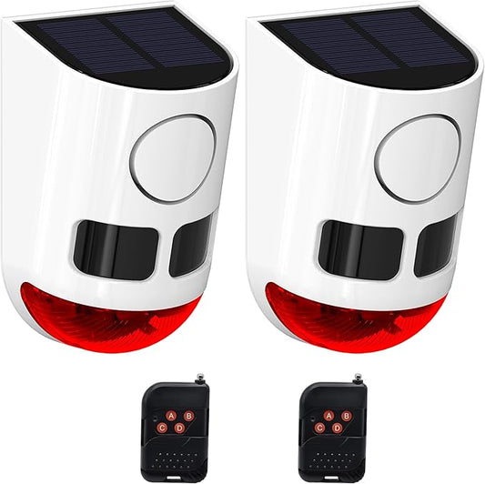 Solar Motion Sensor Alarm - Motion Sensor Dog Barking 129dB Noise Maker, Outdoor Security Siren Waterproof Motion Activated Detector 4 Work Modes for Farm, Barn, Yard (2 Pack)