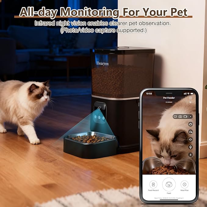 カメラ付き自動猫給餌器、5L/28カップ WiFi猫自動給餌器 双方向音声通信、アプリ制御、強力な詰まり防止システム ナイトビジョン付きスマート定時給餌器 小型ペット屋内用