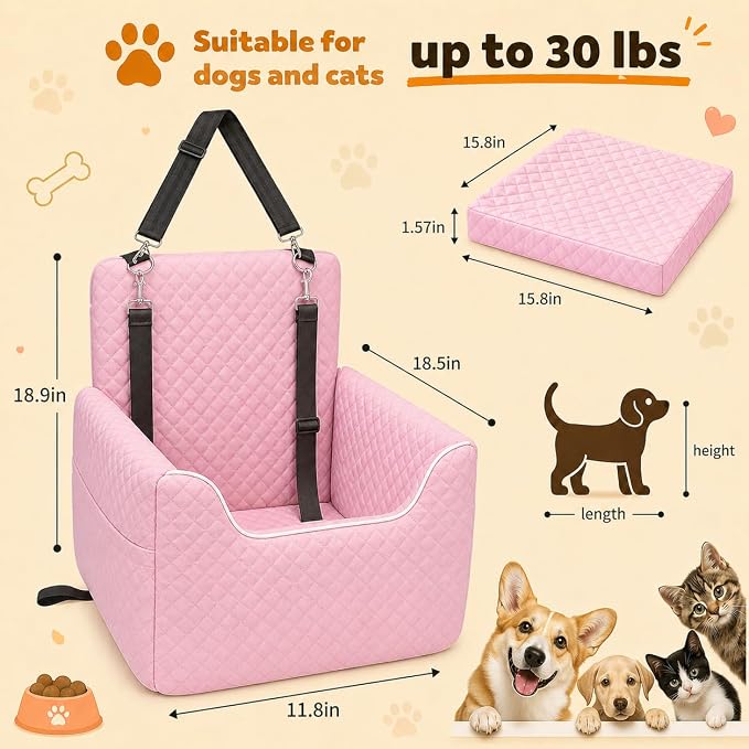 Dog Car Seat for Small/Medium Dogs Under 35lbs | Soft Memory Foam Booster Car Seat with Detachable Washable Cover and Cushion, Puppy Dog Car Bed