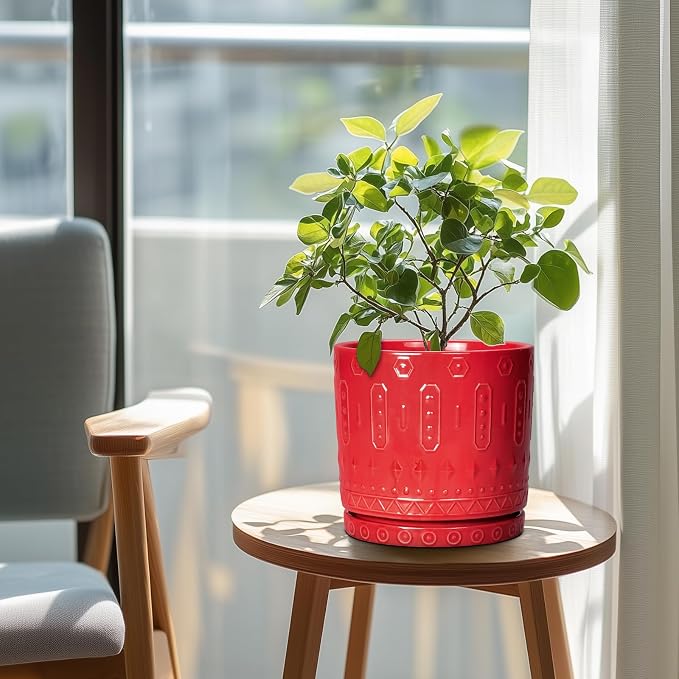 Eightpot Ceramic Plant Pots, 8 Inch Plant Pots Indoor Outdoor, Round Flower Pot with Drainage Hole and Sacuer, Boho Pot for Plants, Decorative Planter, Home Room Bathroom Decor, Garden Gifts, Red
