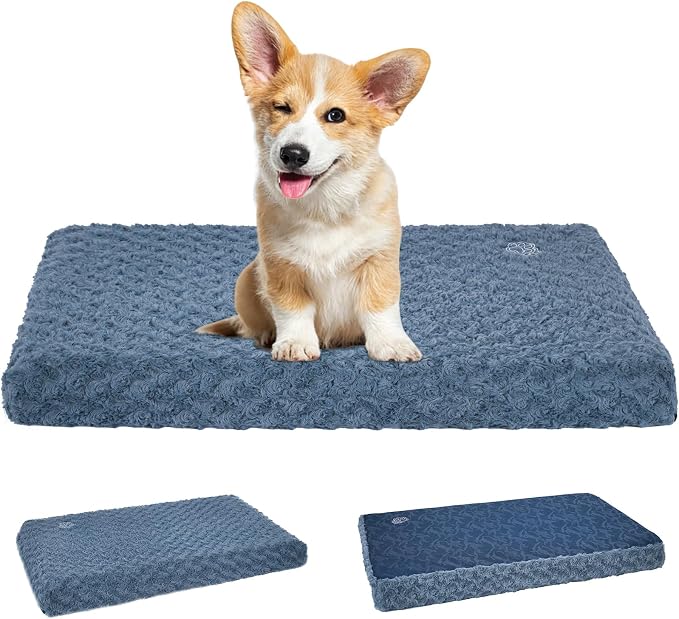 EMPSIGN Dog Bed Mat Crate Pad Mattress, Ultra Soft Pet Kennel, Navy, M | Reversible(Cool & Warm), Waterproof Linings, Removable Machine Washable Cover, for 30" Dog Crate, Soft Rose Plush/Canvas