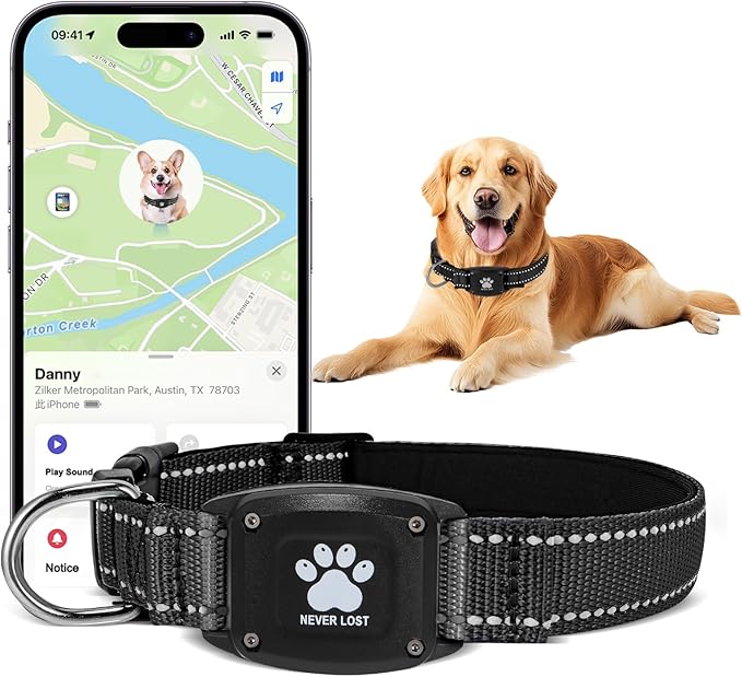 GPS Dog Collar Tracker 2-in-1,Reflective Waterproof Pet Collar,iOS-Only,No Monthly Fees,Unlimited Range,Dog Tracking Collar Pet Tracker,for Small Medium Large Dogs(M (15"-20.5"), Black)