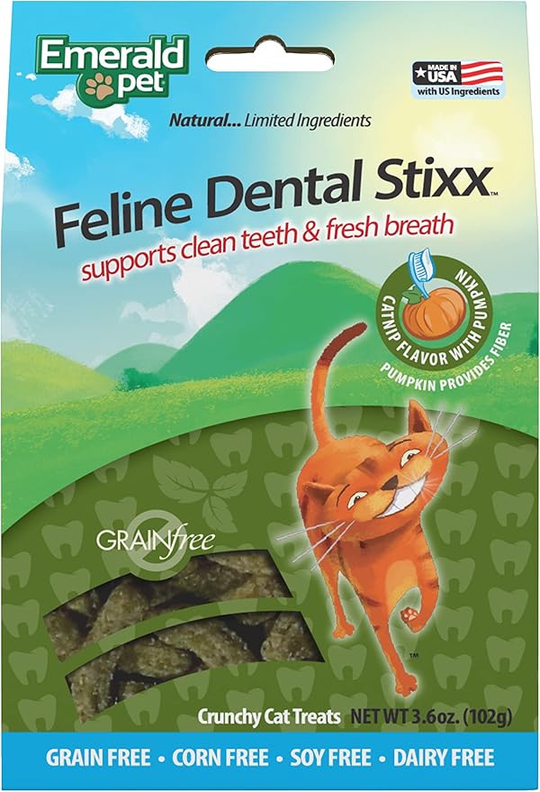 Emerald Pet Grain-Free Catnip Cat Dental Treats – Crunchy Dental Sticks for Cats to Clean Teeth, Reduce Plaque & Tartar, Freshen Breath – Pumpkin for Digestive Health, Natural Cat Chews, 3.6 oz