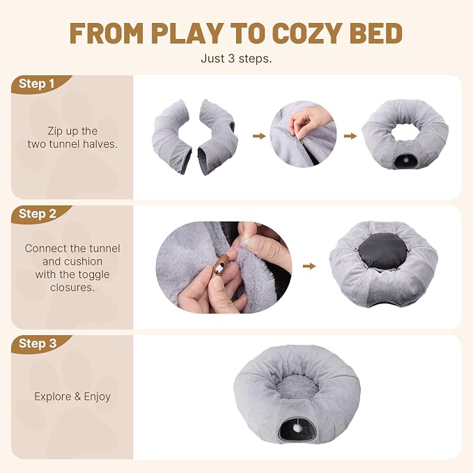 Cat Tunnel Bed for Indoor Cats, 31.5in Round Cat Tunnel for Small Cats | Cat Donut Tunnel with Washable Plush Mat, Collapsible Tunnel Hideplace for Kittens, Squirrels Grey