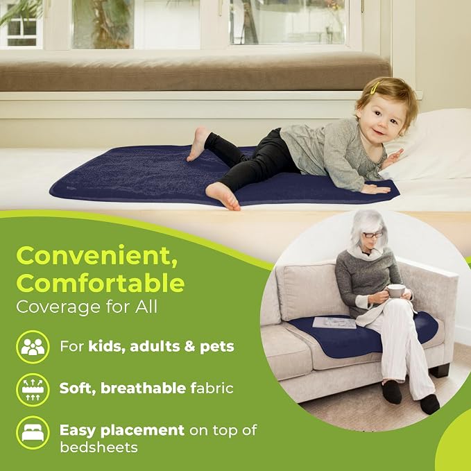 PeapodMats Bedwetting Waterproof Bed Mat, Reusable 3x3 Navy Blue | Washable reusable bed mat for bedwetting, incontinence, kids, adults, pets, and mattress protection