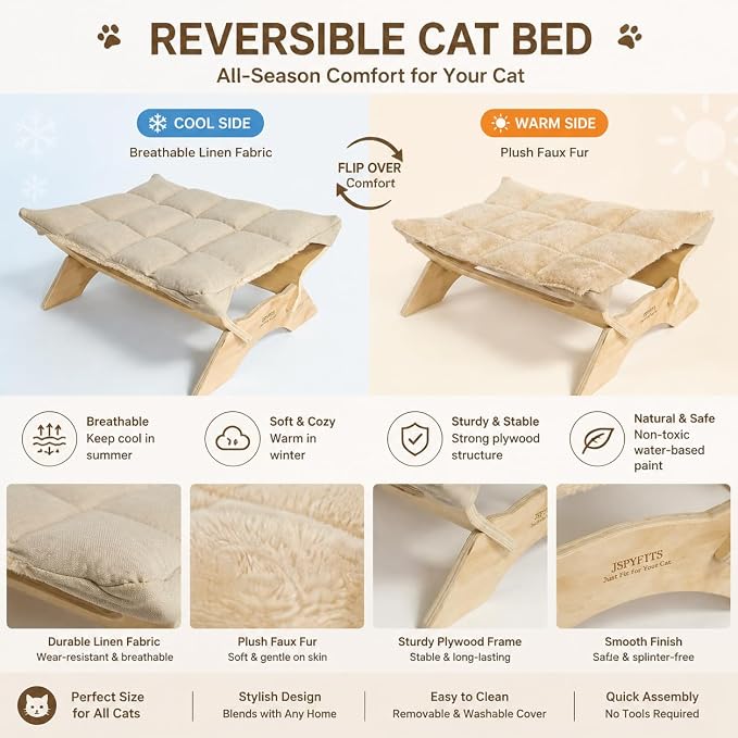 JSPYFITS Elevated Cat Bed Hammock, Raised Cat Bed with Dual-Sided Plush & Linen Cushion, Machine Washable & Breathable Cover Tool Free Easy Assembly, up to 66Lbs (Beige)