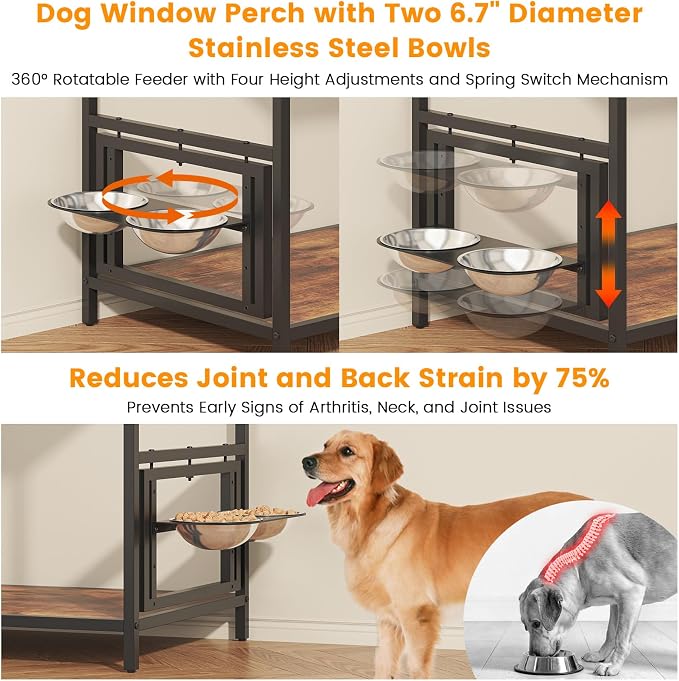 kepptory Dog Window Perch with 360° & Adjustable Raised Feeder, Pet Stairs Ramp with Seat with Stairs and Storage, Pet Bunk Bed with Small Pet Step