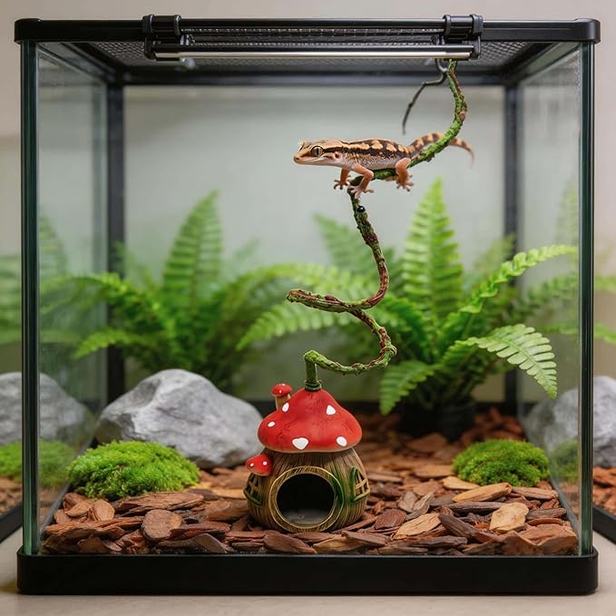 Jumping Spider Hide with Bendable Vine – Mushroom Cave for Tarantula, Gecko & Tree Frog – Reptile Terrarium Decor for Spider Enclosure & Reptile Tank (4"x4"x12")