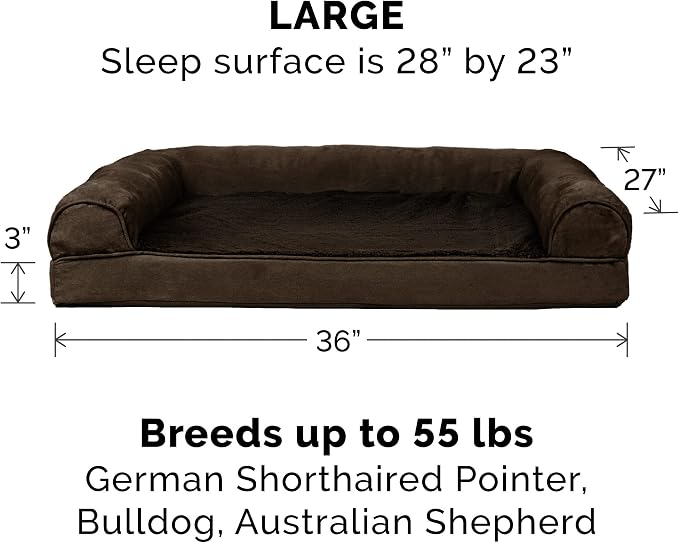 Furhaven Orthopedic Dog Bed for Large/Medium Dogs w/ Removable Bolsters & Washable Cover, For Dogs Up to 55 lbs - Plush & Suede Sofa - Espresso, Large