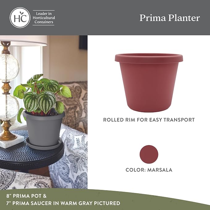 The HC Companies Prima Round Plastic Plant Pot w/Rolled Rim - Lightweight & UV Resistant Flower Pot for Herbs & More - Outdoor & Indoor Plant Pots w/Drainage (10 inch, Marsala, Pack of 1)