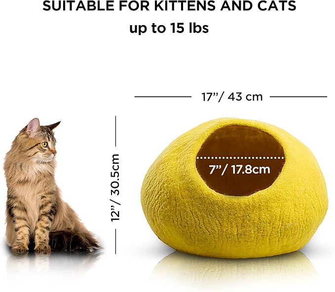 Luxurious Merino Wool Cat Cave - Foldable Hideaway Pod for Indoor Cats - Premium Felt Kitten Pet Enclosure - Covered Cat House for Ultimate Cozy Comfort by Woolygon (Yellow Plain)