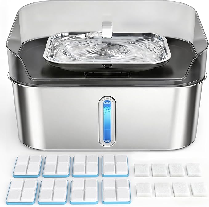 Large Stainless Steel Dog Water Fountain no Spill, 2.1Gal/8L with 8 Filters | Automatic Dog Water Bowl Dispenser, Super Quiet Cat Fountain, Dog Bowl to Drinkg Inside, Gifts for Pets