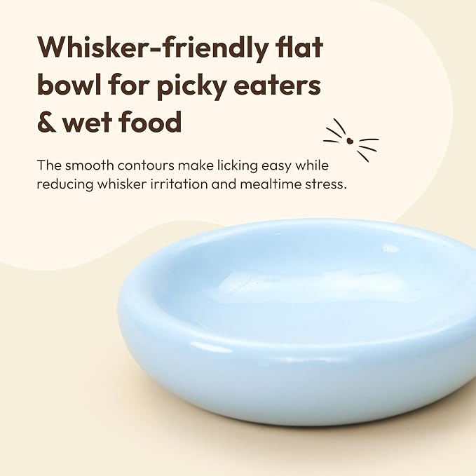 Pebble Pet Bowl Flat Blue, Ergonomic Dog Cat Feeding Bowl, Flat-Faced Breed, Tilted Ceramic Pet Food Dish, Scooper Eater, Anti-Spill Design, Dishwasher Safe, Modern Pet Bowl, Dry & Wet Diet