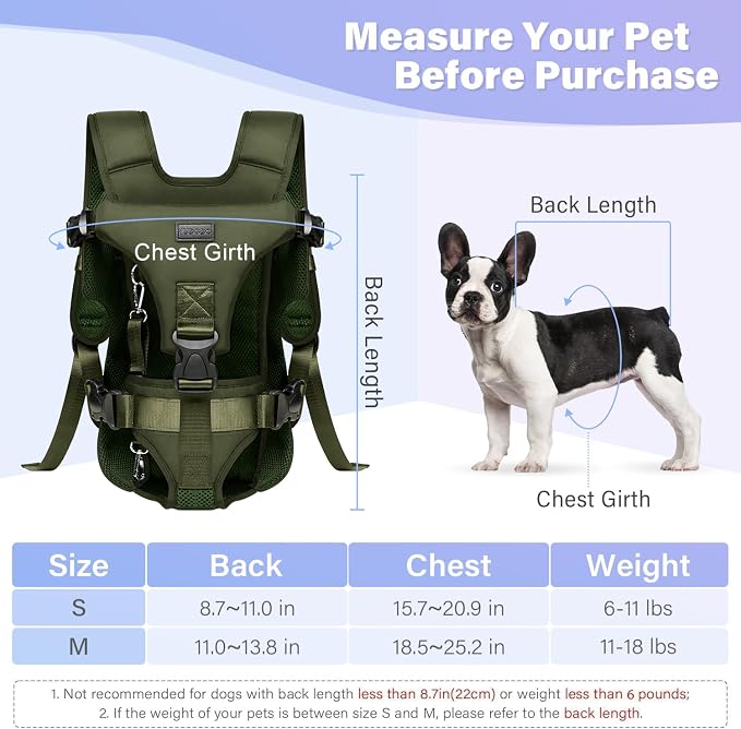 YUDODO Front Pet Carrier Backpack for Small Dog, Legs Out Dog Chest Carrier | Safety Belt, Ergonomic Support, Hands Free, Durable & Comfortable, For Walking Hiking Cycling, Army Green, M