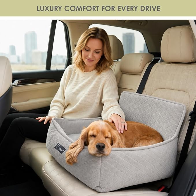 NANDOG Luxury Dog Car Seat Bed for Medium Dogs, Micro Plush Pet Seat with Removable & Washable Cushion Insert, Thick Safety Seatbelt Straps, Secure Travel Carrier, Light Grey, 22" L x 18" W