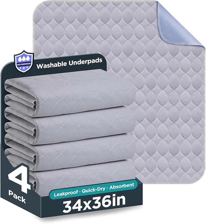 Washable Bed Pads 36" x 52" - 4 Pack, Grey, Waterproof Bed Pads for Incontinence, Bed Wetting Pads for Bed, Sofa, Floor, Resuable Underpads for Adults, Seniors, Pet