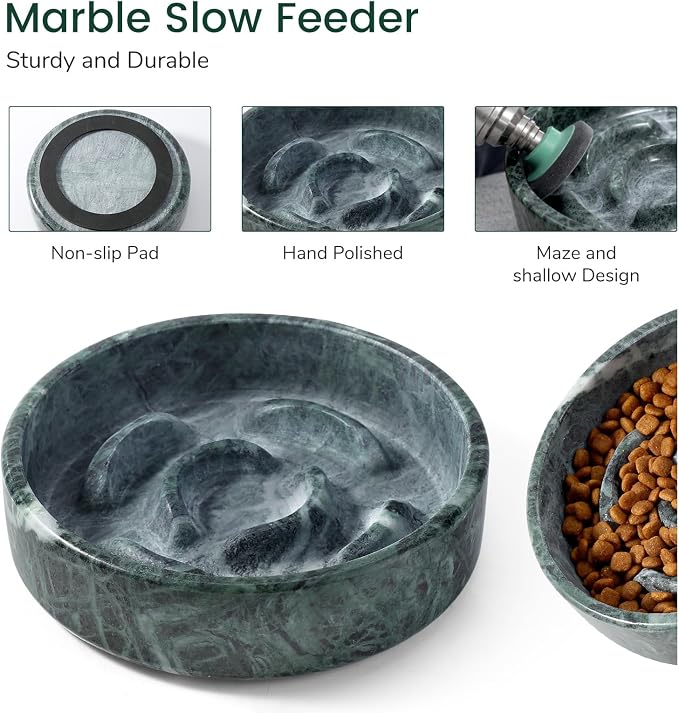 Karibiber Marble Slow Feeder Dog Bowl, Green Puppy Puzzle Dish for Small Dogs Cats, Heavy Non-Slip Stone Dog Food Bowl, Anti-Choke Bloat Stop Maze