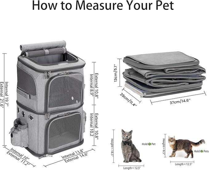 HOVONO Double-Compartment Cat Backpack Carrier for 2 Pets up to 18 lbs | 2-in-1 Pet Backpack Carrier for Small Cats & Dogs, Perfect for Traveling/Hiking /Camping/Vet Grey