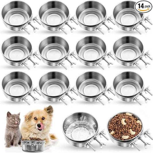 Silkfly 14 Pack Stainless Steel Hanging Dog Crate Bowls, Non-Spill Kennel Food & Water Bowls with Screw Clamp Holders, Removable, Easy to Clean Metal Cage Feeder for Pets(19 oz)