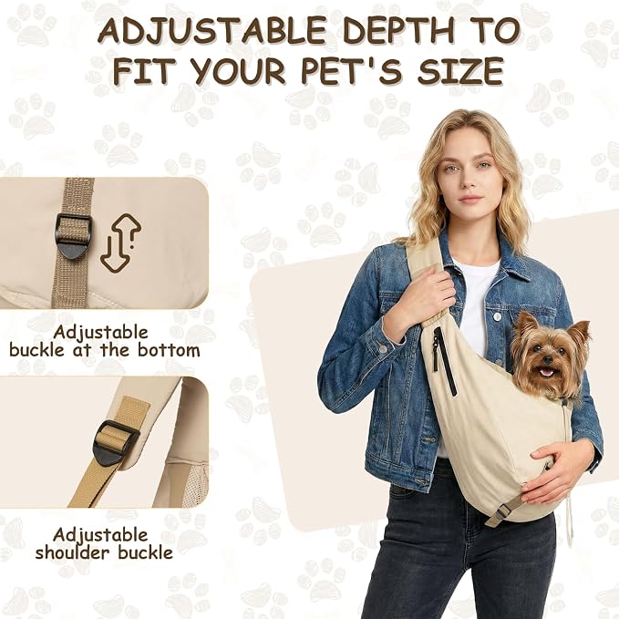 Dog Carrier Sling for Small Dogs/Cats Up to 15 lbs - Multi-Pocket Oxford Pet Sling Carrier Bag with Adjustable Strap (Beige)