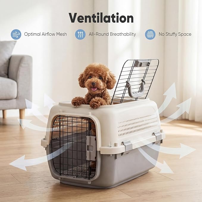 DUMOS 23" Hard-Sided Pet Carrier for Small Dogs & Cats, Airline Approved Travel Crate with Enhanced Security Latches, Front & Top Load Wire Door, Food Bowl for Traveling, Hiking, Camping - Beige&Grey