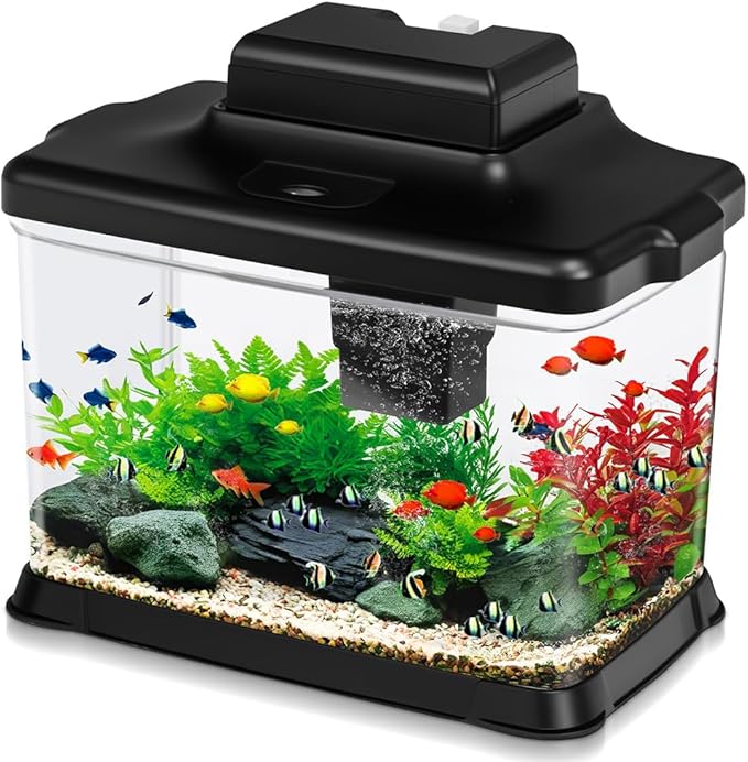 DaToo Small Fish Tank Ultra-Clear 1.6 Gallon Aquarium Starter Kits with LED Lighting and Filter System Beginner-Friendly Mini Betta Aquarium for Small Fish Shrimp Desktop Room Decoration
